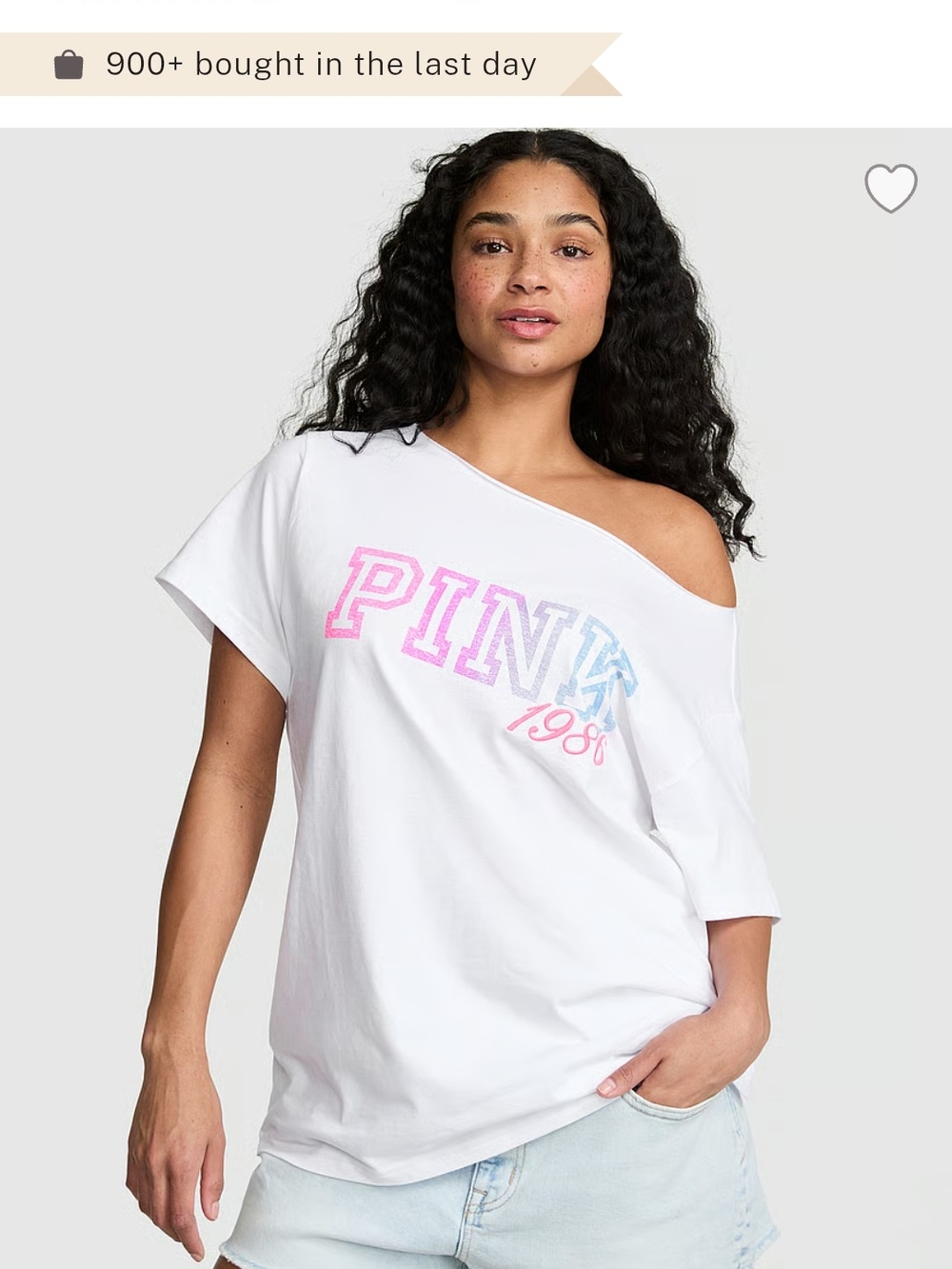 PINK Victoria's Secret White Off-Shoulder Graphic Tee with Pastel Logo